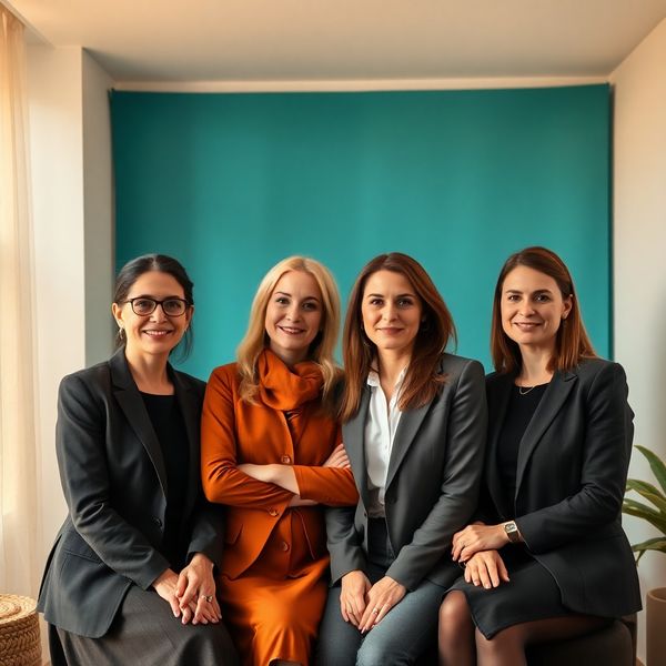 Echipa AdvisoryVision — patru consultanți într-un interior sobru, cu accente albastru azur